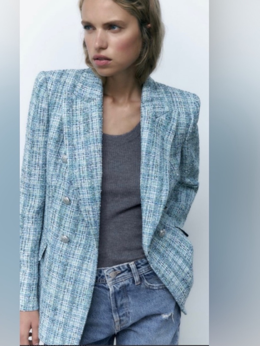 ZARA | Powder Blue Tweed Blazer Double Breasted Jacket with Silver Buttons Sz L